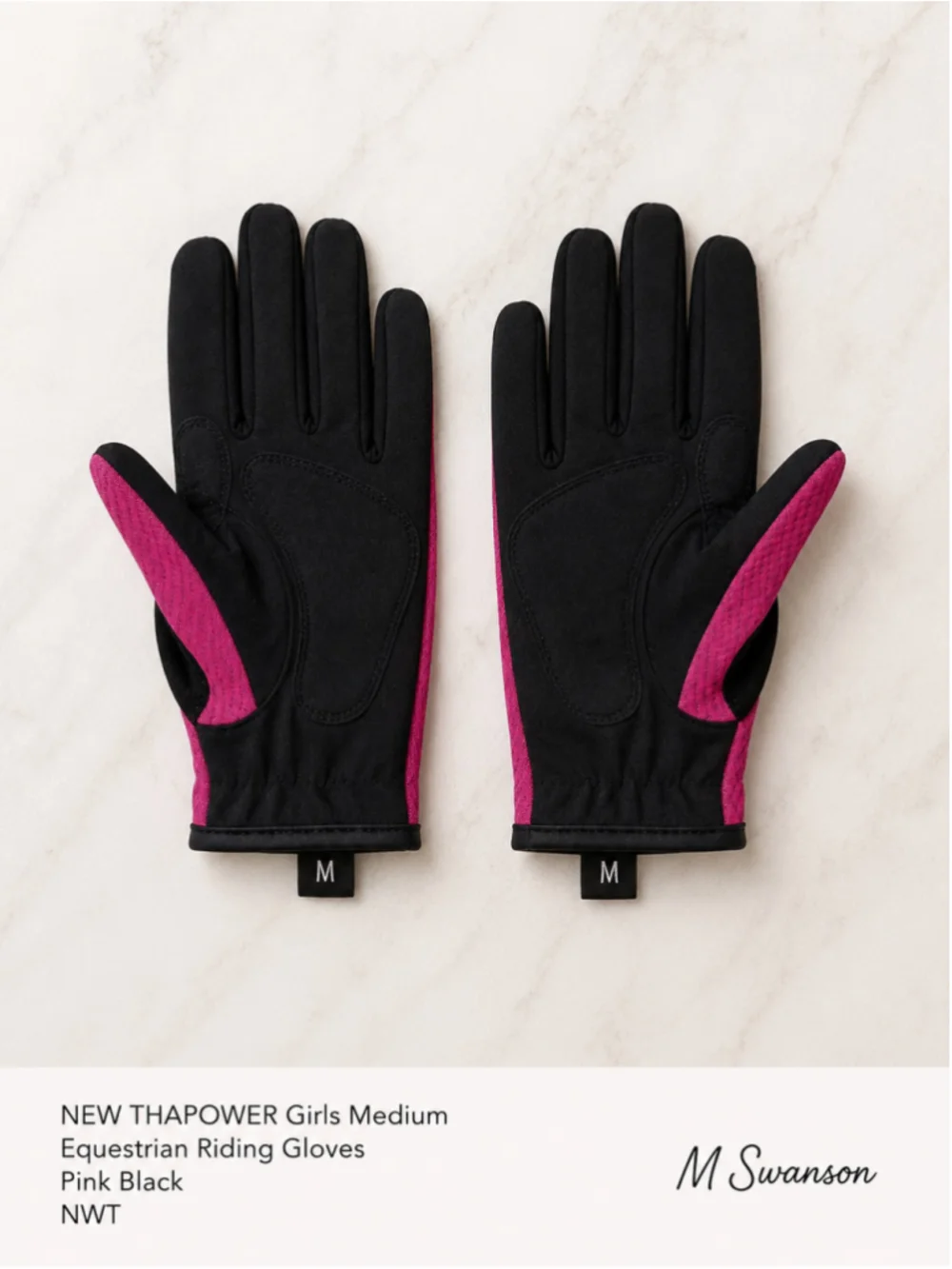 NEW THAPOWER Girls Medium Equestrian Riding Gloves Pink Black NWT